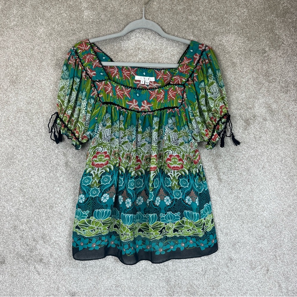 ICE Vintage Blouse Womens 6 Green Blue Floral Short Sleeve Pullover- 3212*